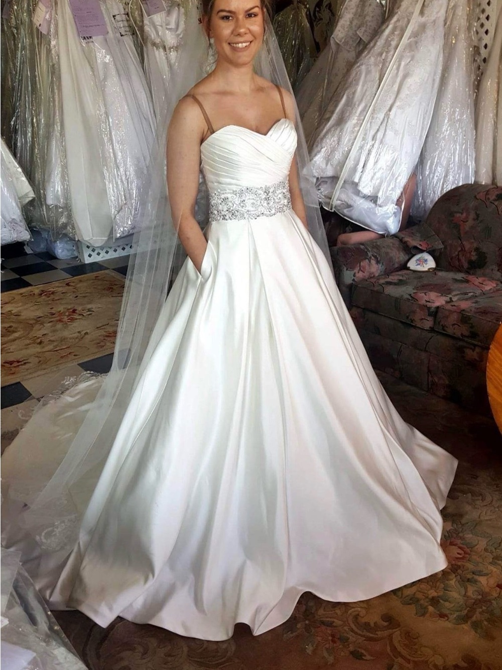 Source Unknown White Satin A-Line Wedding Gown with Beaded Waist